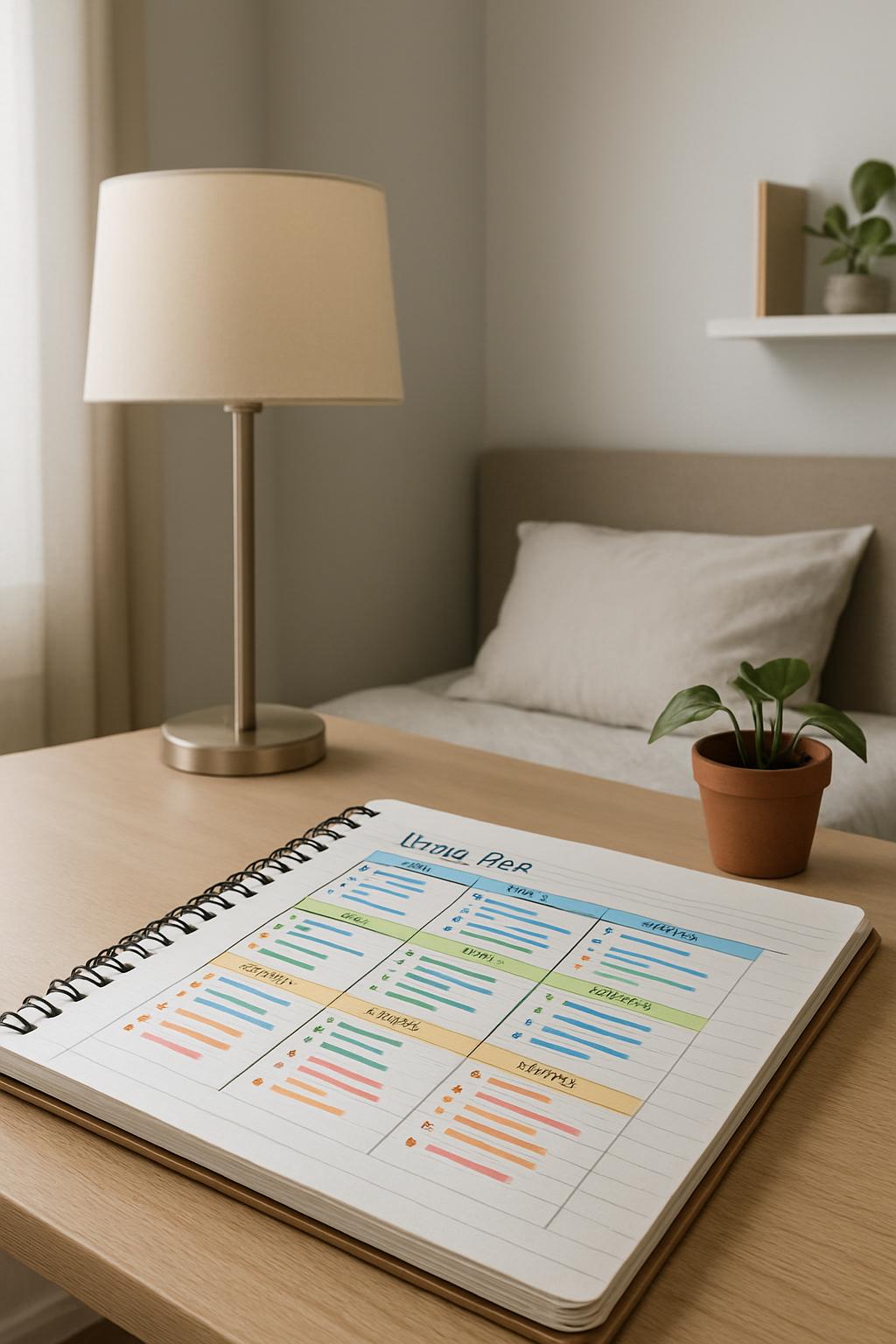 A tan table with a spiral-bound book, a lamp, a plant and a lamp. A sheet of paper with multi-colored graph chart visible ...