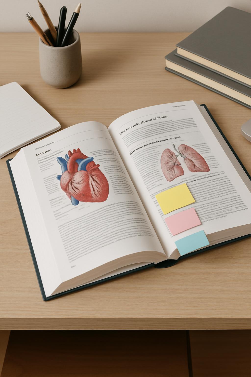 Image of desk with an open book displaying an illustration of a heart.