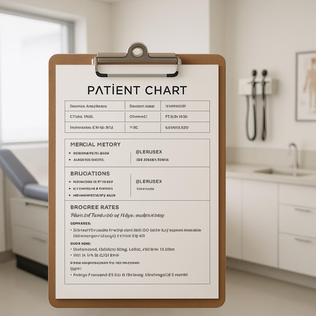The clipboard shows a fairly clear sterile office setting with the title "Patient Chart" towards the top. Below this title...