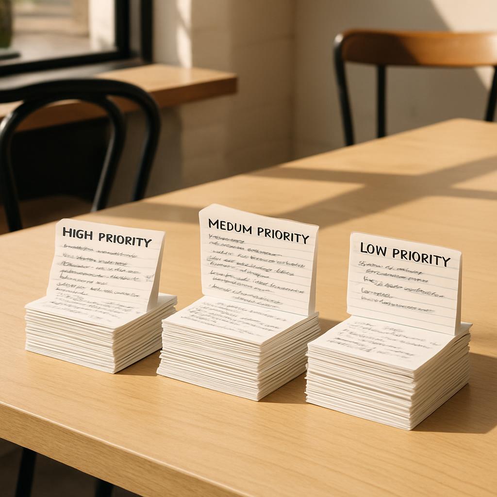 Stacked cards displaying high, medium, and low priority tasks on a light-colored table in a cafe setting.