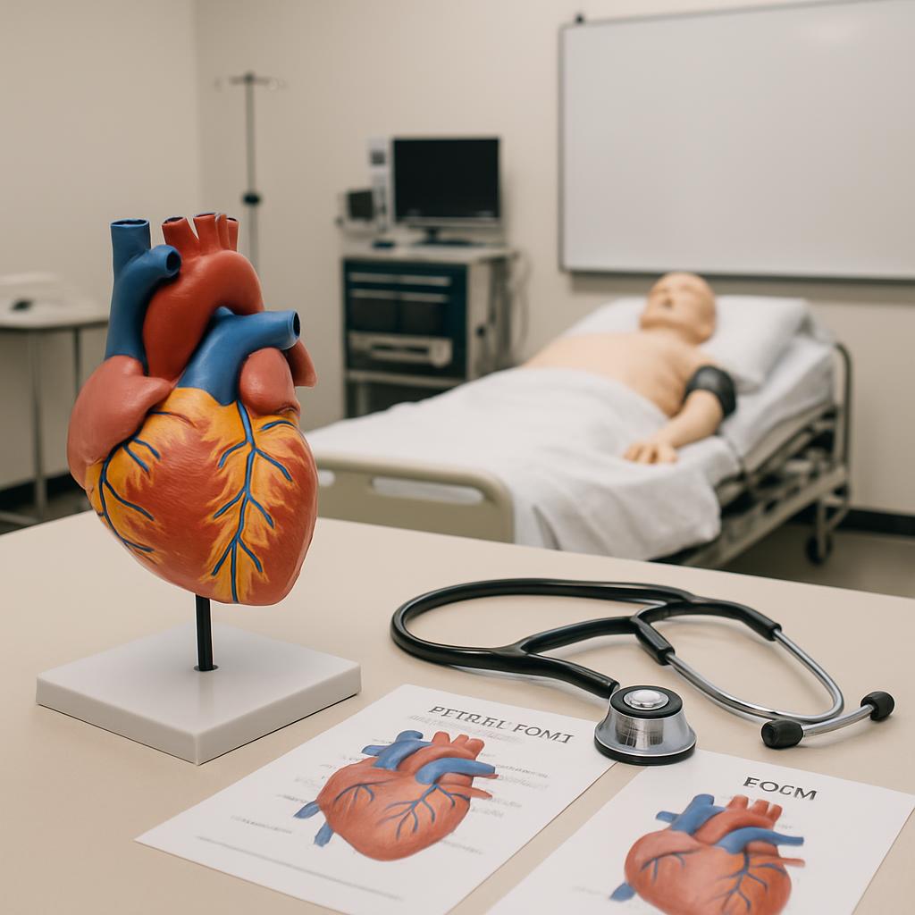 An examination room with a realistic human heart model, two cardiac diagrams, and a mannequin patient on a hospital bed. A...