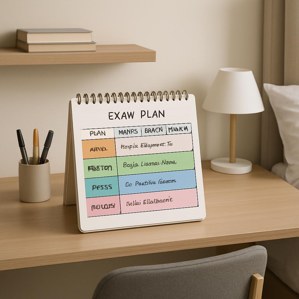 Desk with exam checklist in front and various office supplies.
