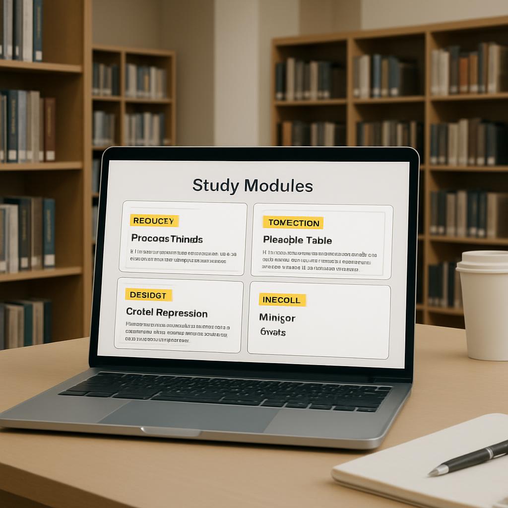 Study Modules on an open laptop, in front of bookshelves and a coffee cup.