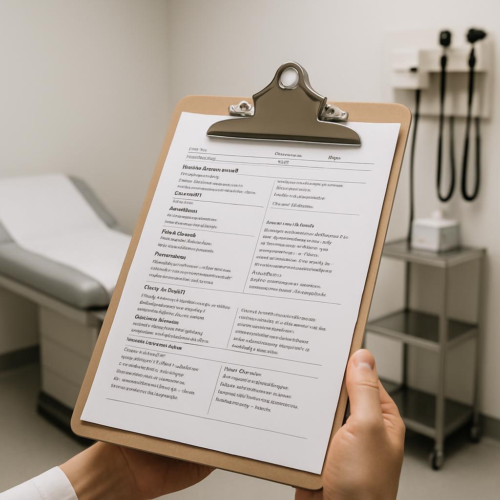 This appears to be a photo of a person holding a clipboard with a medical checklist inside of it. They are in a medical of...
