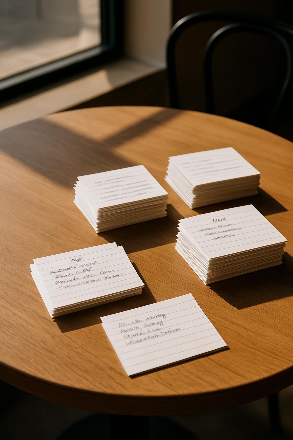 A stack of index cards with notes and handwritten text, possibly for educational or organizational purposes, displayed on ...