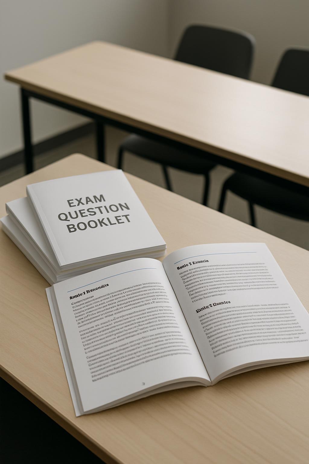 Two stacks of white exam booklets are placed on top of a wooden table, with one book open, displaying pages with black text.